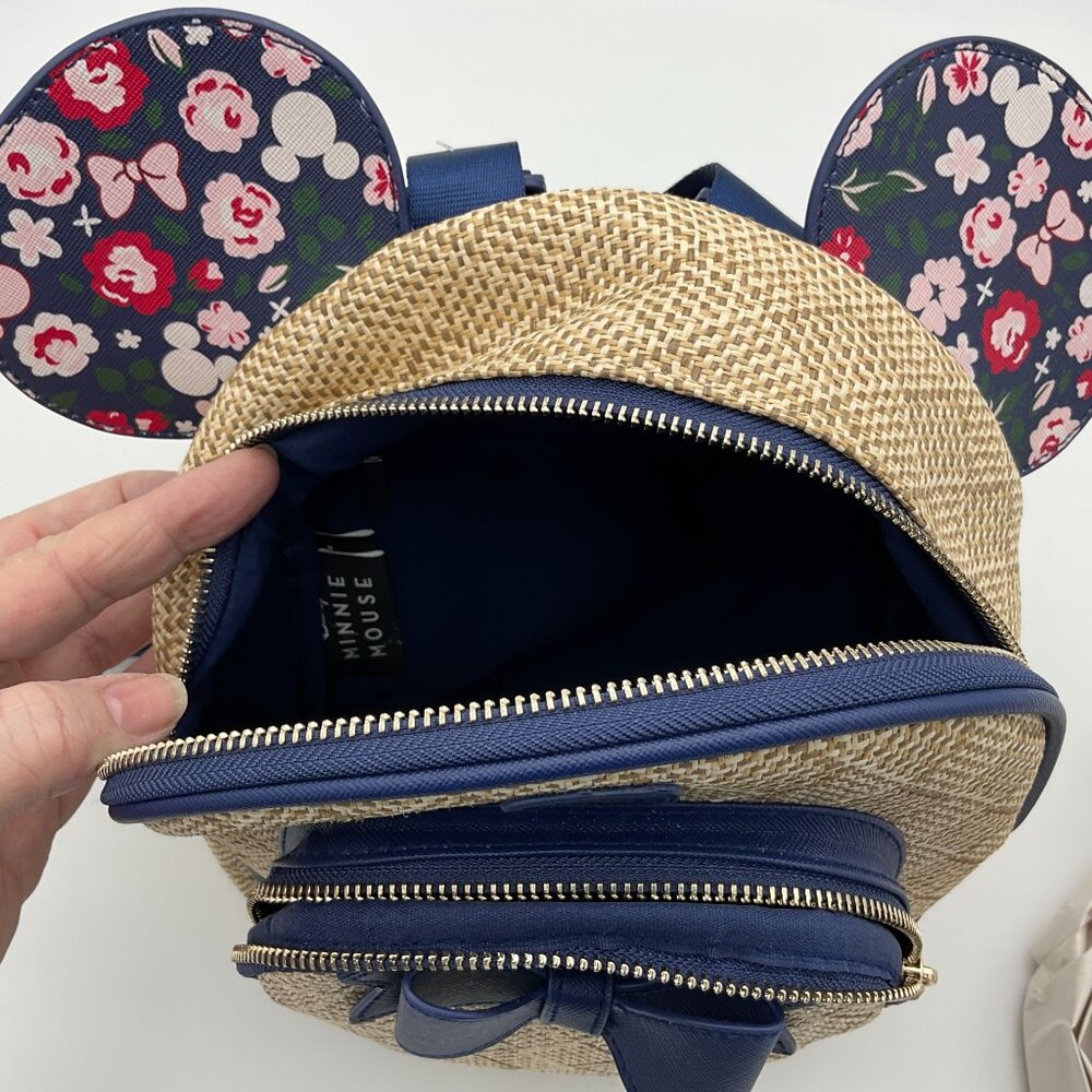 Bioworld Disney Minnie Mouse Floral Ears Woven Mini Backpack Navy Trim NWT - Picture 6 of 10